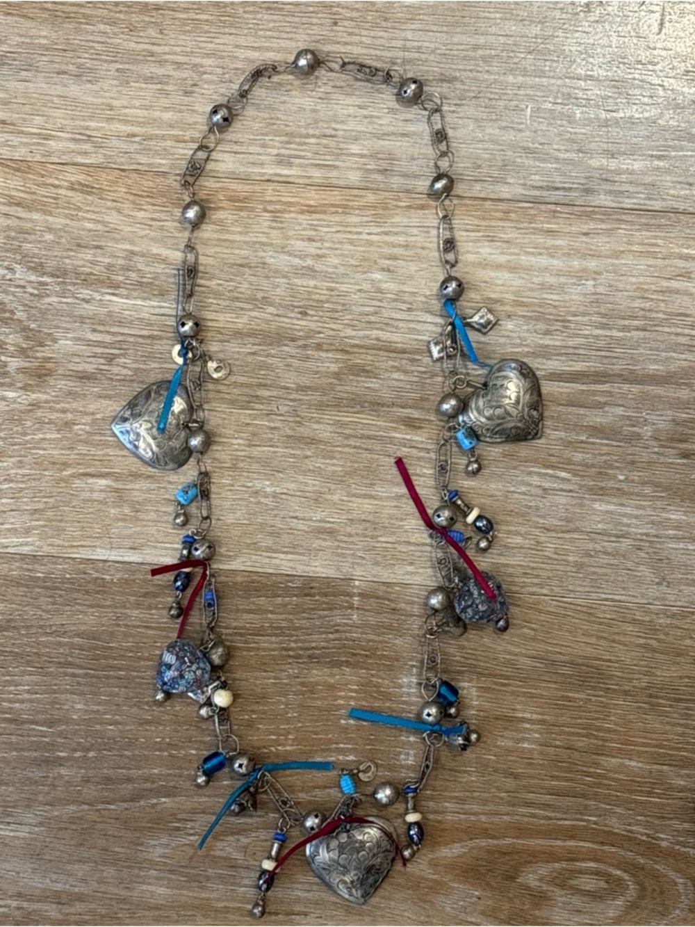 Silver-Tone Heart Charm Necklace with Blue & Red Accents